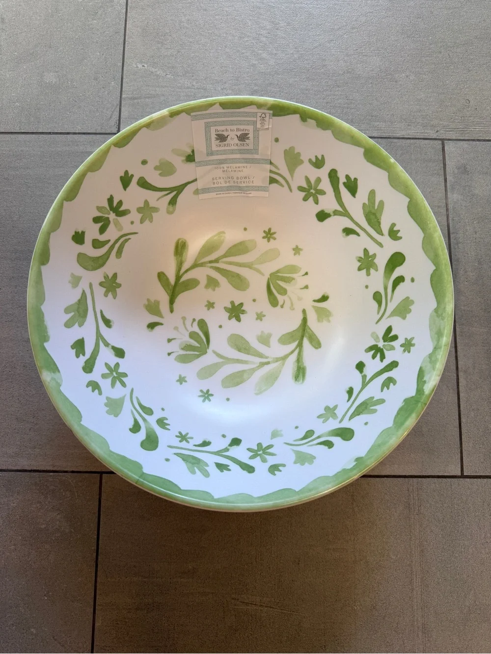 NWT Large Green Floral Melamine Serving Bowl for indoor & outdoor use, Fun too!